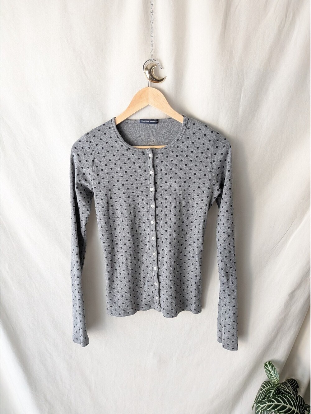 Brandy Melville Gray Polka Dot Henley Long Sleeve Top